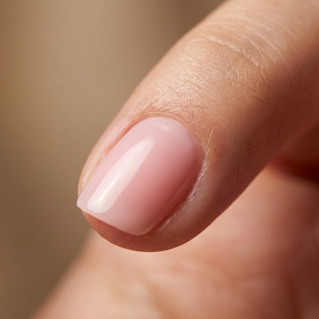 Close-up of Pale Blush short oval Hushed reusable soft-gel press-on nails.