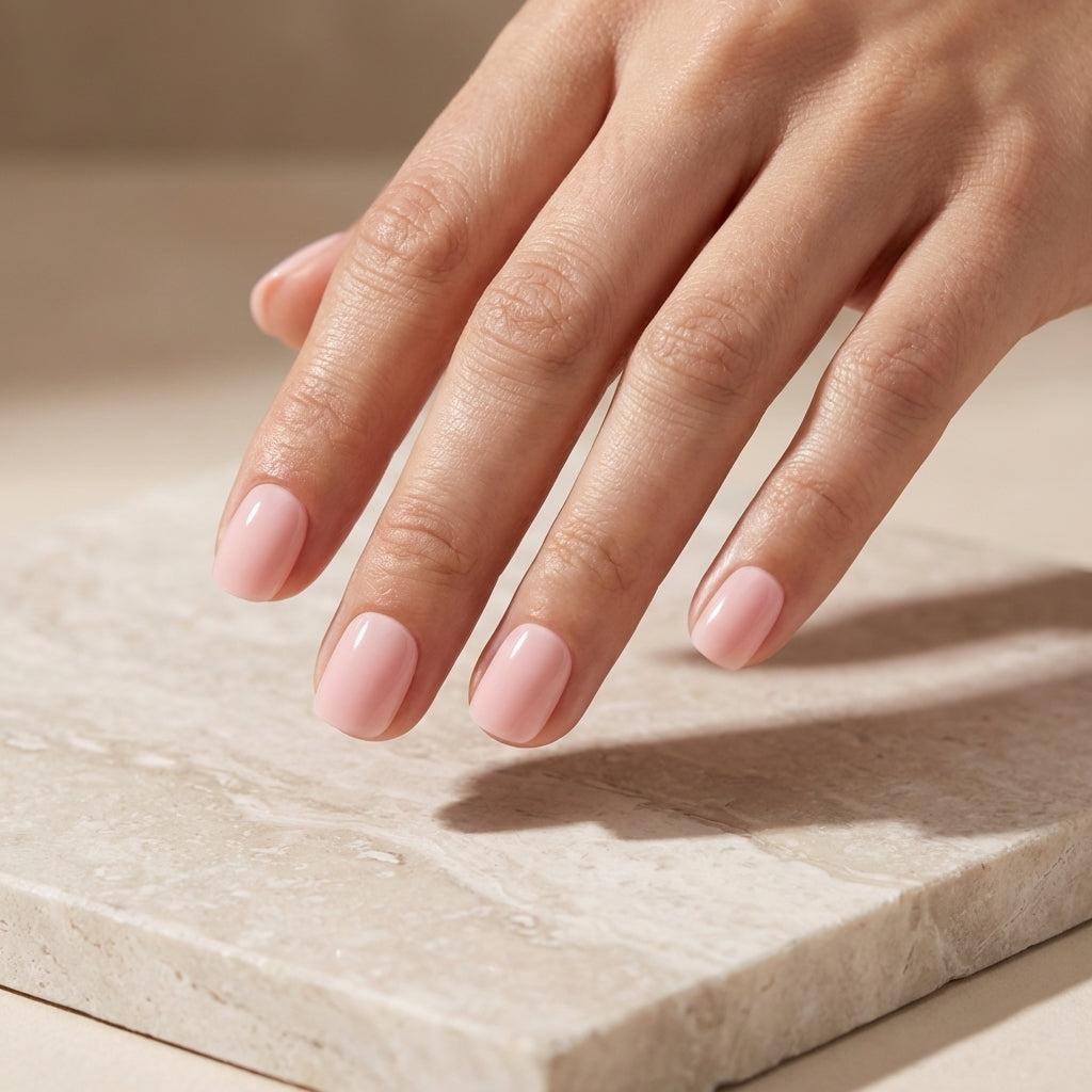 Pale Blush short oval Hushed reusable soft-gel press-on nails on hand.