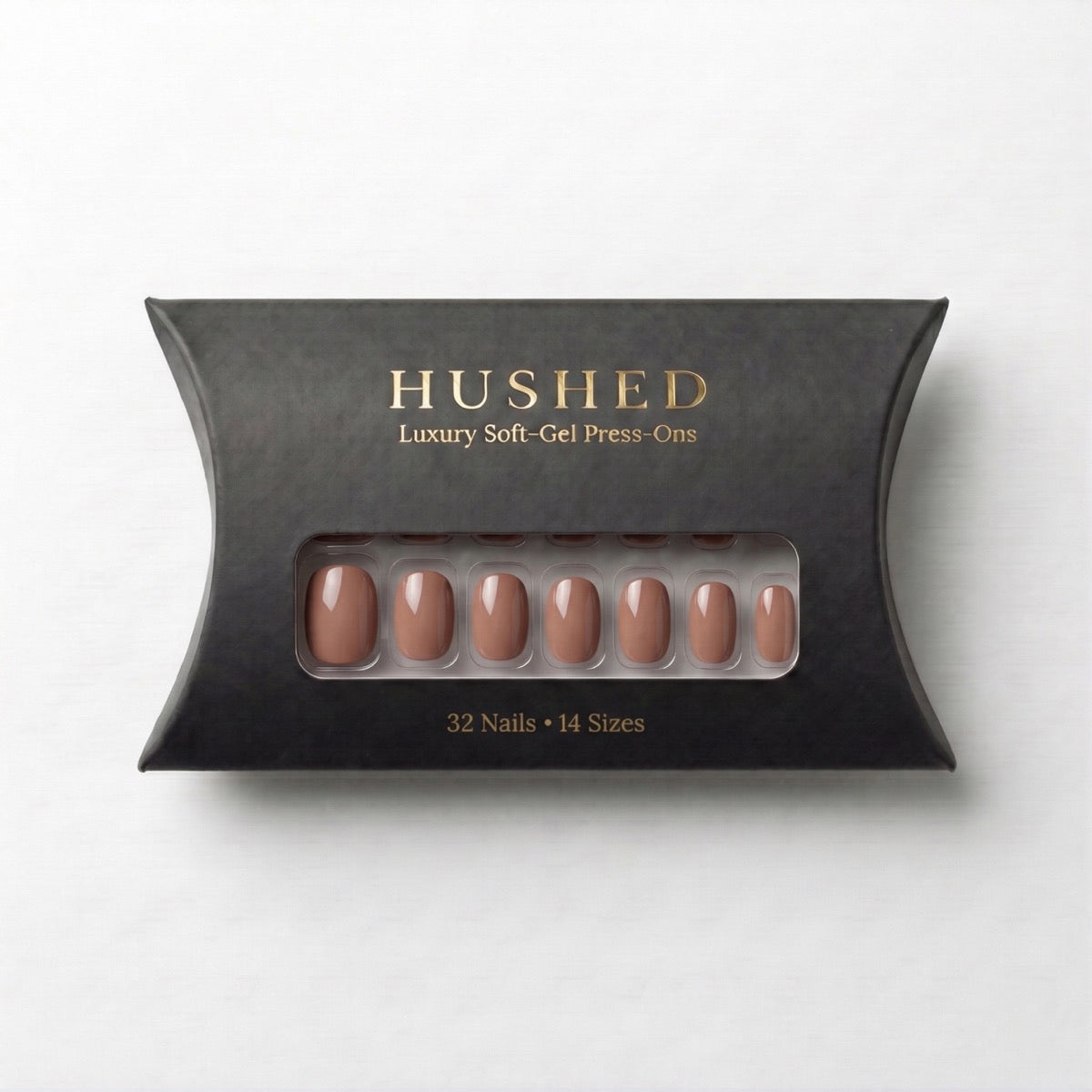 Soft Mocha Hushed short oval reusable soft-gel press-on nail set.