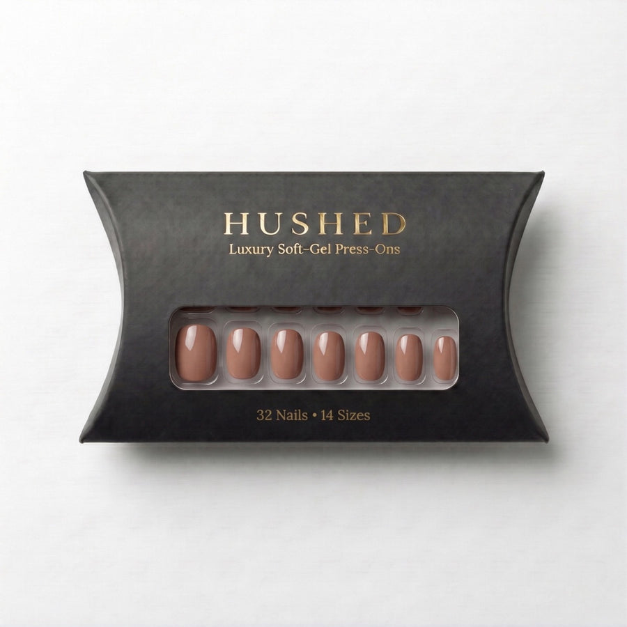 Soft Mocha Hushed short oval reusable soft-gel press-on nail set.