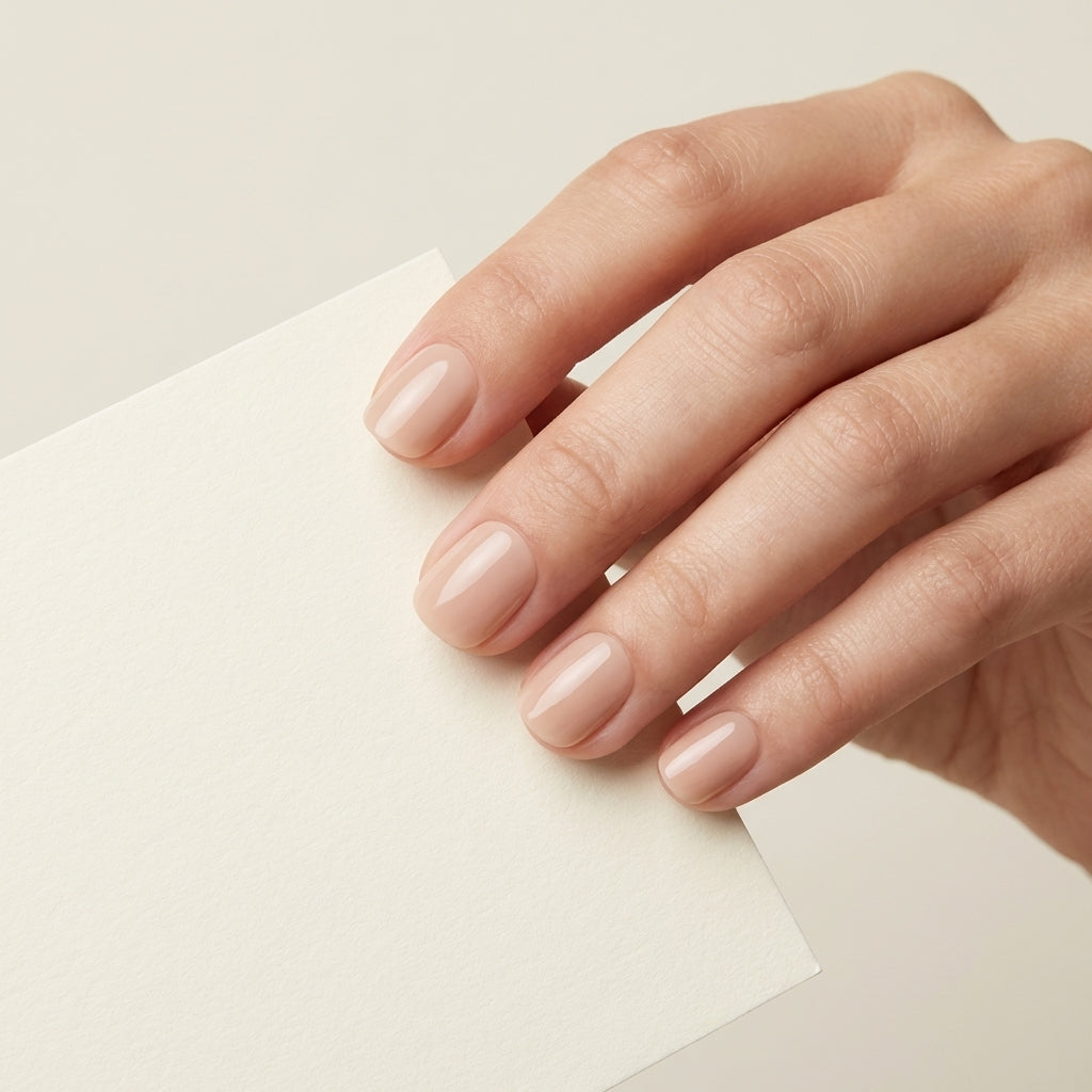 Soft Nude short oval Hushed reusable soft-gel press-on nails on hand.